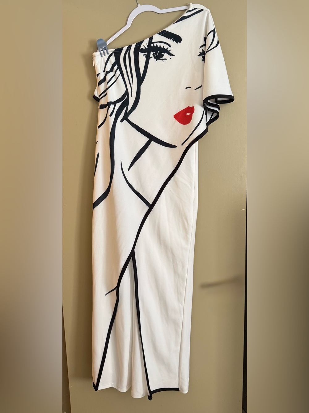 New York & Company White Wide-Leg Pants with Black Graphic and Red Accent Size M - Picture 3 of 6